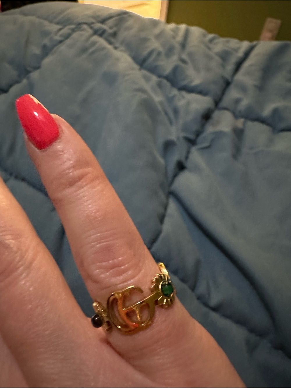 Gold-Tone Green Stone Floral Ring - Women Jewelry-Fashion Gucci-size 6